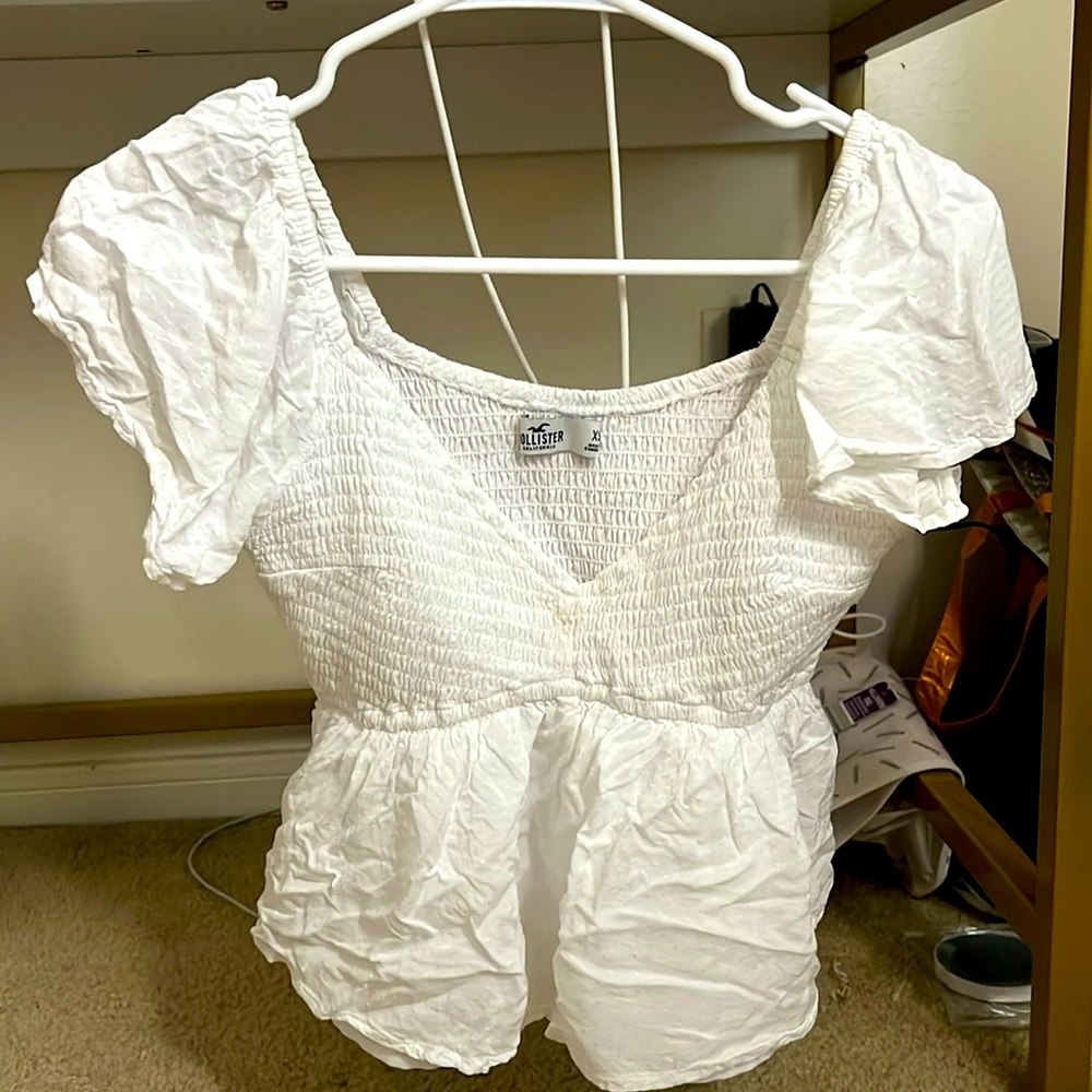 HOLLISTER Cotton solid rutched white cami babydoll top
